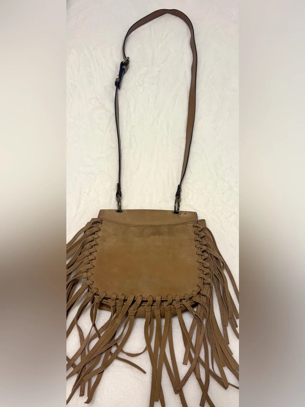 Patricia Nash Karisa Tan Leather Fringe Crossbody Saddle Bag Purse Boho